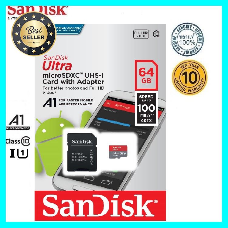 SanDisk 64GB Ultra Micro SDXC (100MB/s) เลือก 1 ชิ้น อุปกรณ์ถ่ายภาพ กล้อง Battery ถ่าน Filters สายคล้องกล้อง Flash แบตเตอรี่ ซูม แฟลช ขาตั้ง ปรับแสง เก็บข้อมูล Memory card เลนส์ ฟิลเตอร์ Filters Flash กระเป๋า ฟิล์ม เดินทาง