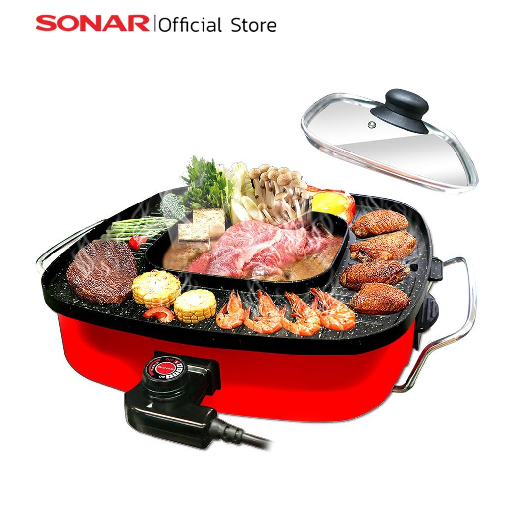 หม้อสุกี้ไฟฟ้า กะทะปิ้งย่าง เตาย่างบาบีคิวไฟฟ้า ใหญ่ จุใจ 38cm. 2 IN 1 รุ่น SNSFM51