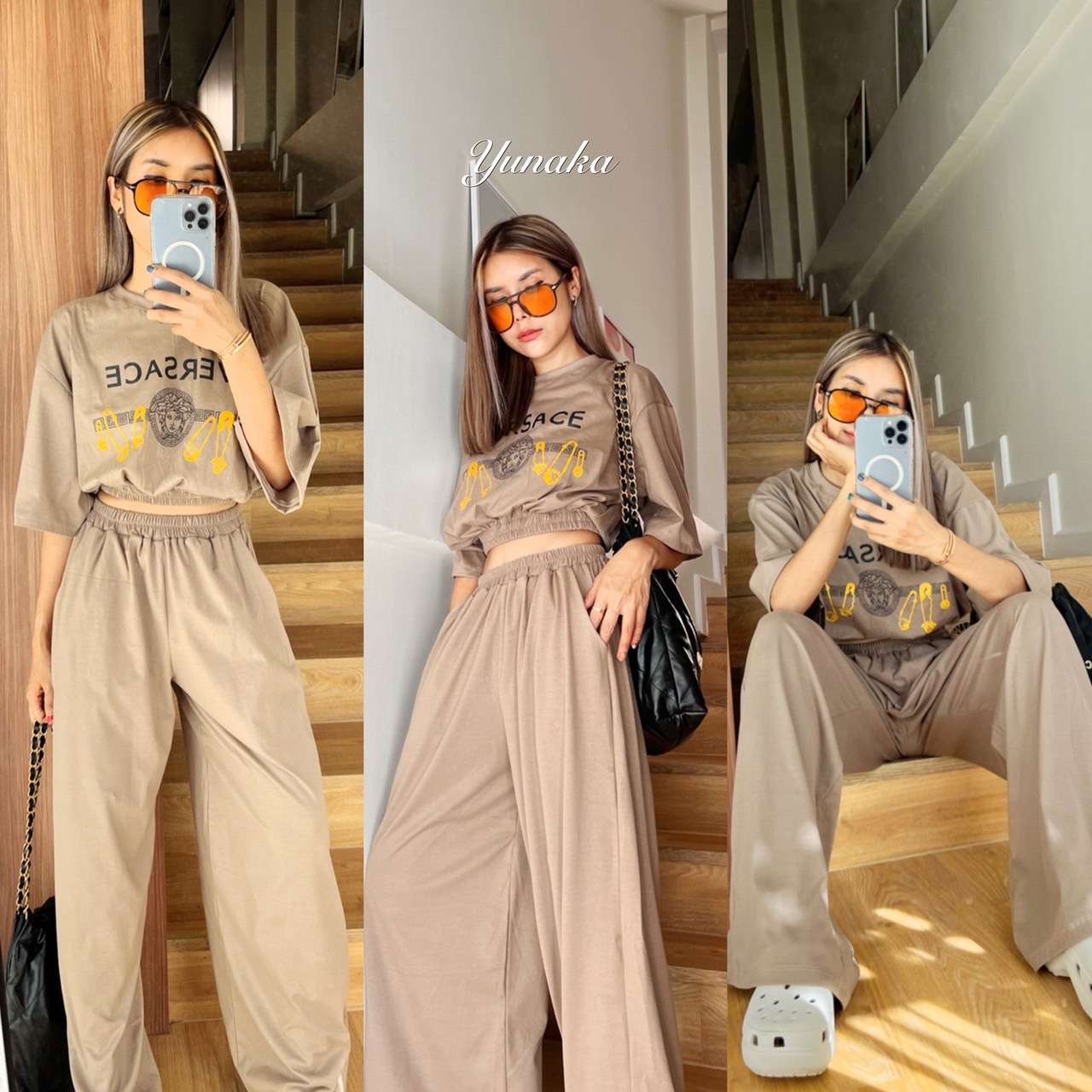 เสื้อครอปทรง Oversize เพิ่มดีเทลจั้มช่วงเอว สกรีน มาพร้อมกางเกงขายาวทรง ...