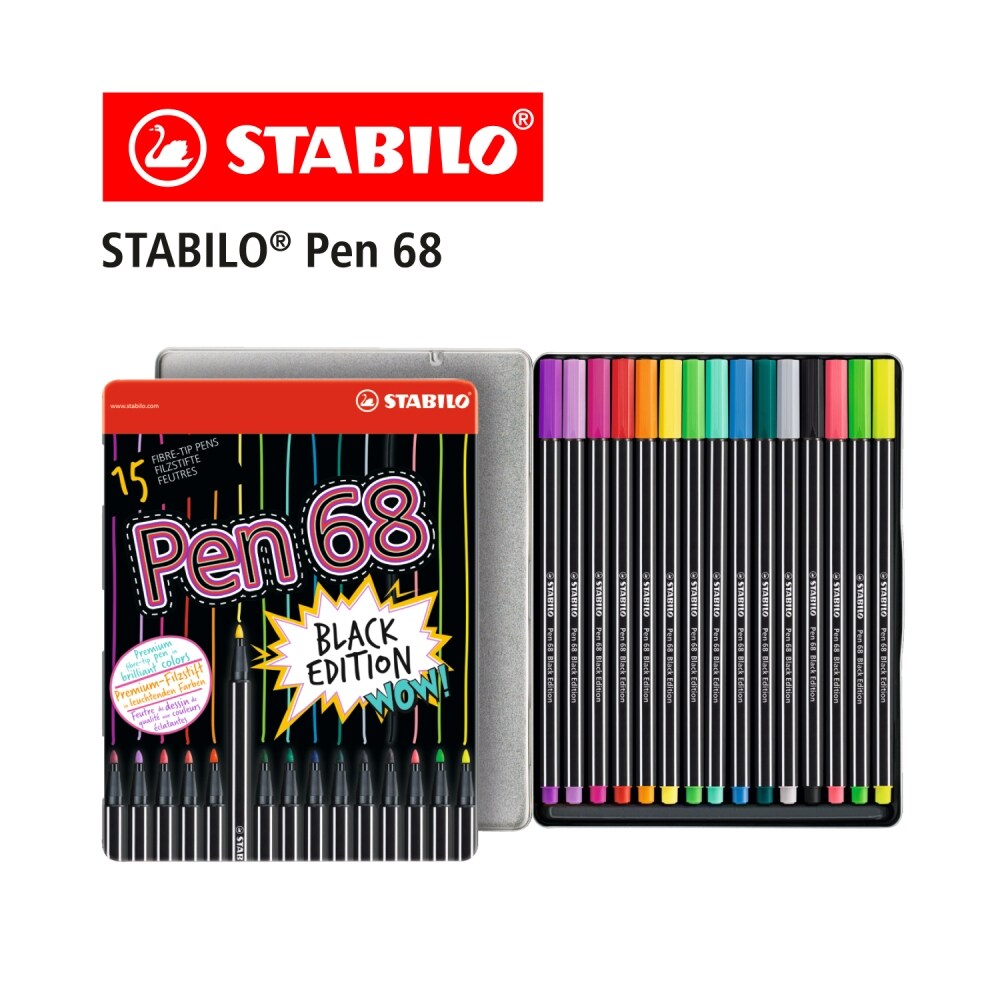 STABILO สตาบิโล Pen 68 Black Edition ปากกาสีหมึกน้ำ Fibre-Tip Pen ชุด 15 สี