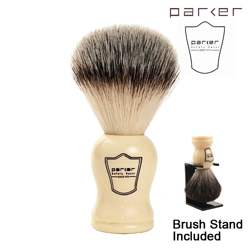 Parker Ivory Handle Synthetic Bristle Shaving Brush with Brush Stand-Men's Bazaar-แปรงโกนหนวด