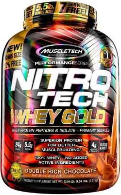 MuscleTech NitroTech Whey Gold 100% Whey Protein Powder Whey Isolate and Whey Peptides Double Rich Chocolate 5.54 lb (2.51 kg) สร้างกล้ามเนื้อ เวย์โปรตีน wheyprotein