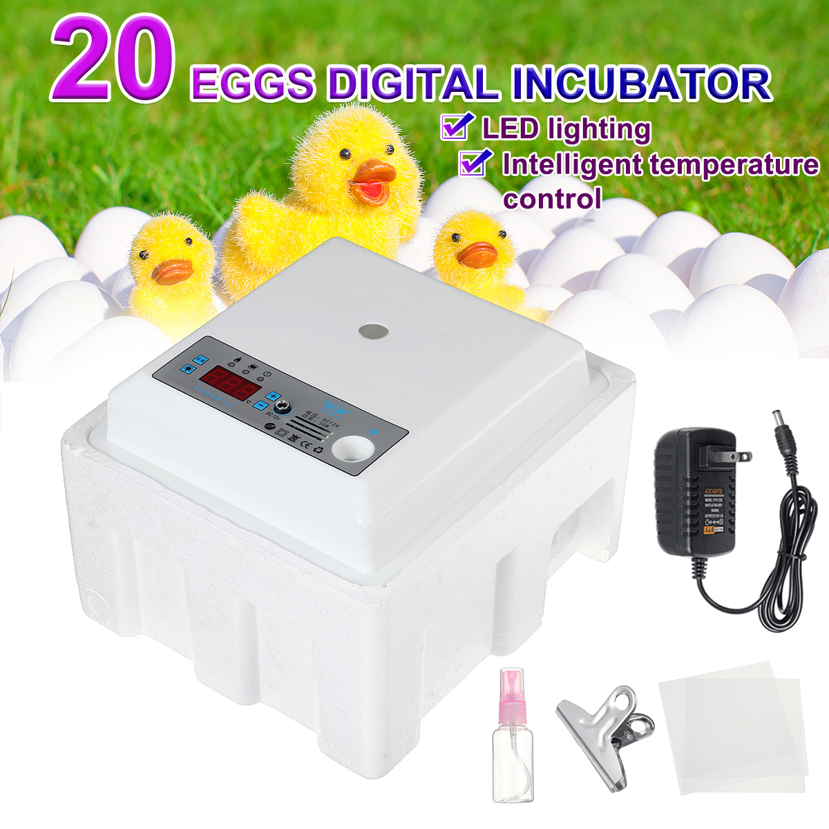 20ไข่กลับด้านอัตโนมัติIncubatorดิจิตอลLEDอุณหภูมิมินิIncubatoresฟักไข่ต่างหูรูปสัตว์นกกระทาไข่ไก่