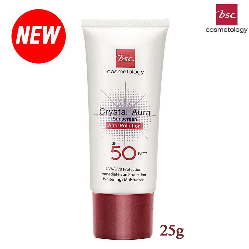 BSC CRYSTAL AURA SUNSCREEN SPF 50 PA 25 กรัม ครีมกันแดด บีเอสซี คริสตัล ออร่า ซันสกรีน เอสพีเอฟ 50 พีเอ ป้องกันรังสี UVA1 UVA2 เปล่งประกายท้าแดด