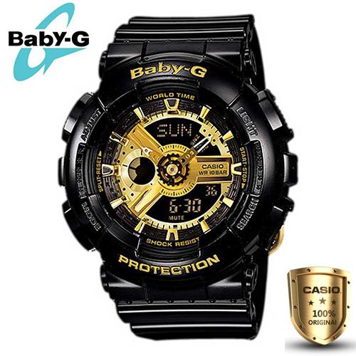 Casio Baby-G แท้แน่นอน 100% นาฬิกาข้อมือผู้หญิง สีดำ/สีทอง สายเรซิ่น รุ่น BA-110-1A Black（ของแท้100% ประกันCMG)