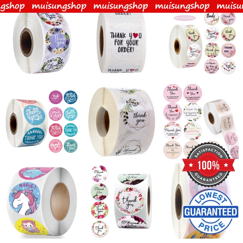 MUISUNGSHOP 500 ดวง สติ๊กเกอร์ขอบคุณ สติ๊กเกอร์ติดกล่อง สติ๊กเกอร์สำเร็จรูป สติ๊กเกอร์ติดสินค้า ไดคัทวงกลม Thankyou Sticker