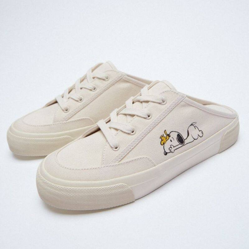 【READY STOCK】Za Ra 2021 Summer New Canvas Shoes Snoopy Print Students All-match Lace Niche Half-drag Women