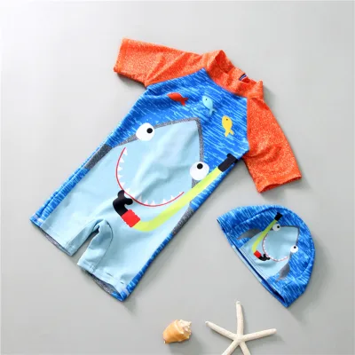 【Forever CY Baby】Kids Boys Swimsuit Jumpsuit Hat Shark Print Short Sleeve Swimwear Bikini Bathing Suit for Baby Children Beach Swimming