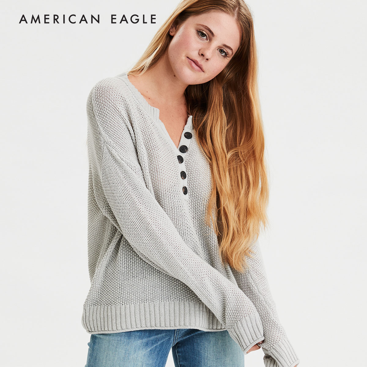 American Eagle Oversized Henley Pullover Sweater เสื้อ สเวตเตอร์ ผู้หญิง โอเวอร์ไซส์(034-8794-020)