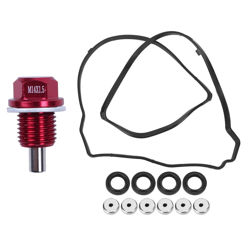 2 Set Car Accessories: 1 Pcs M14X1.5 Magnetic Oil Pan Drain Bolt Plug Red & 1 Set Valve Cover Gasket Set 12030-PNC-000
