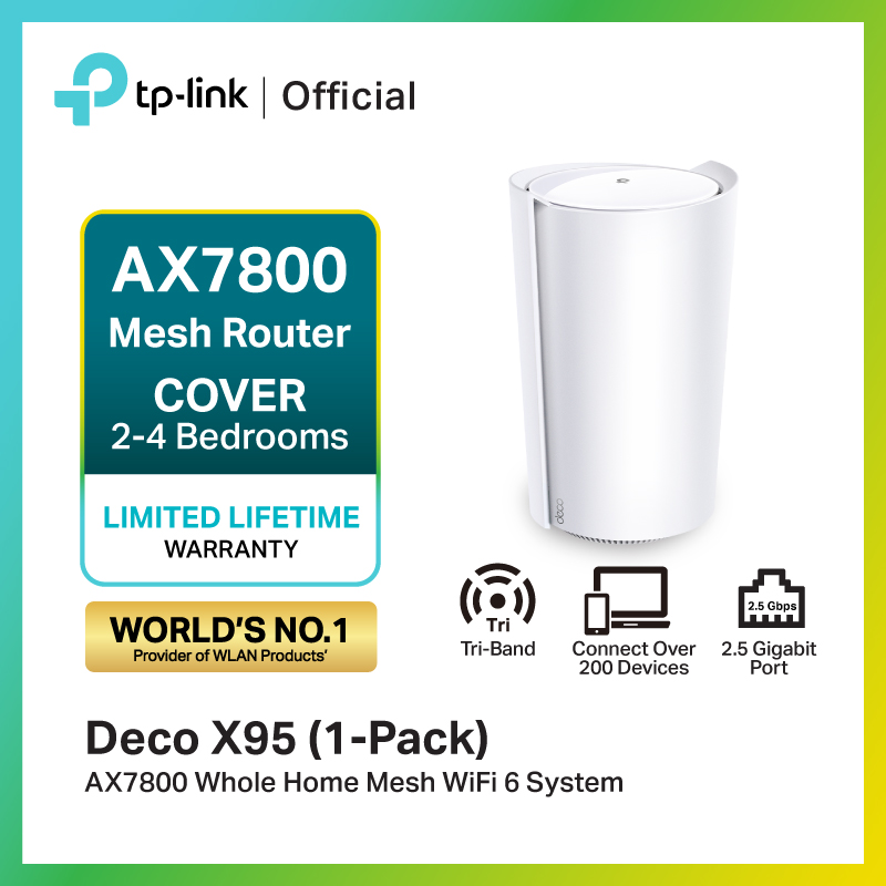 TP-Link Deco X95 AX7800 Mesh Router WiFi 6 อินเตอร์เน็ต Tri-Band พอร์ต 2.5 Gbps Wi-Fi เร็วสูงถึง 7,800 Mbps รองรับสูงสุด 200 Devices ไวไฟ Seamless AI-Driven Mesh ราคา 11,388 บาท*ส่งฟรี