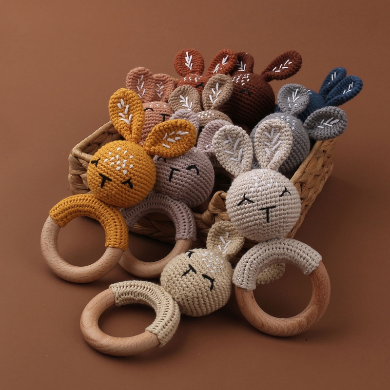 1pc Wooden Crochet Bunny Rattle Toy BPA Free Wood Ring Baby Teether ...