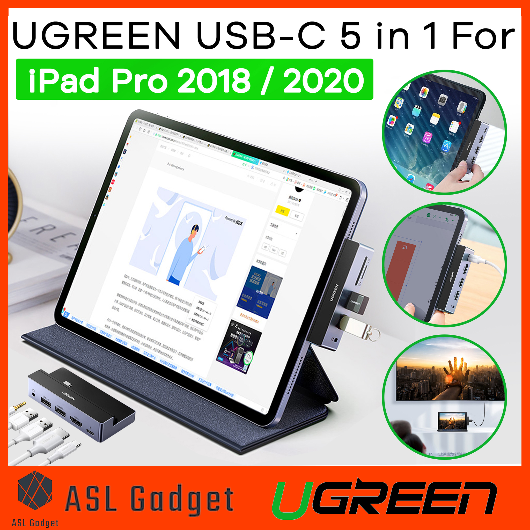UGREEN HUB USB-C 5in1 For iPad Pro 2018 / 2020 อแดปเตอร์แปลงสัญญาณ พกพาสะดวก ช่วยให้กรทำงานง่ายยิ่งขึ้น