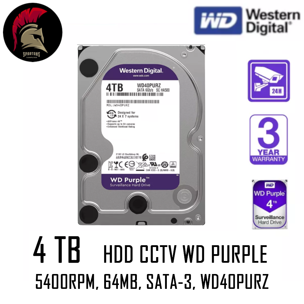 HDD 4TB WD PURPLE (WD40PURZ) (ฮาร์ดดิสก์)  (5400RPM, 64MB, SATA3) Hard disk CCTV Harddisk  ออกใบกำกับภาษีได้
