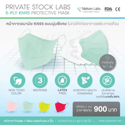 Private Stock Labs 5-Ply KN95 Protective Mask (1 กล่อง 5 ชิ้น) หน้ากากสำหรับผู้ใหญ่ ขนาด 6.5"x4.735"