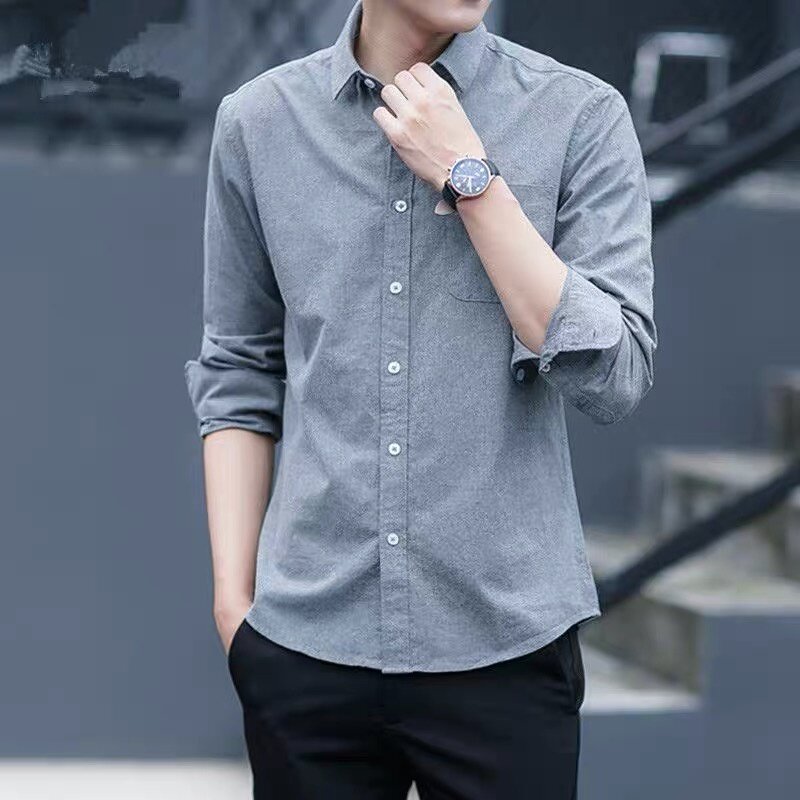 【5 Color】Men Button-Down Grey Shirts Work Formal Tops Business Shirt ...
