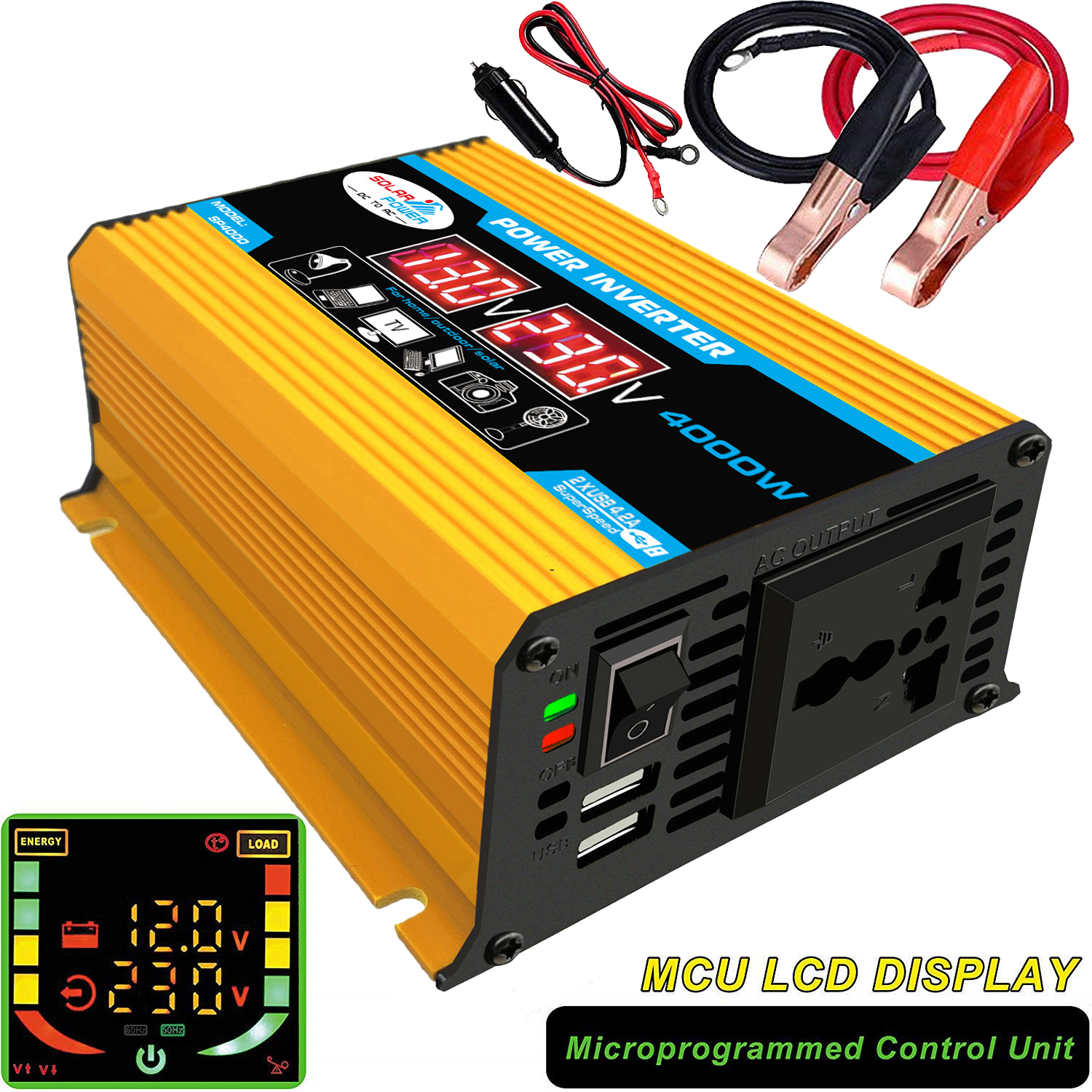 【12-220v】4000W LCD DC 12V To AC 220V Car Solar Power Inverters Converter Charger Outdoor Inverter พร้อมจอแสดงผลดิจิตอล