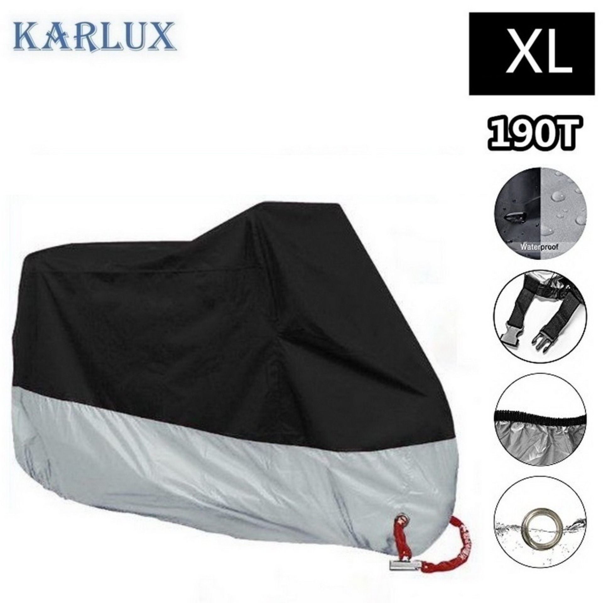 Karlux XL ผ้าคลุมรถมอเตอร์ไซค์ บิ๊กไบค์ จักยาน กันน้ำ กันแดด กันฝุ่น สี Silver/Black Motorbike Waterproof Cover Protector Case Cover Rain Protection Breathable