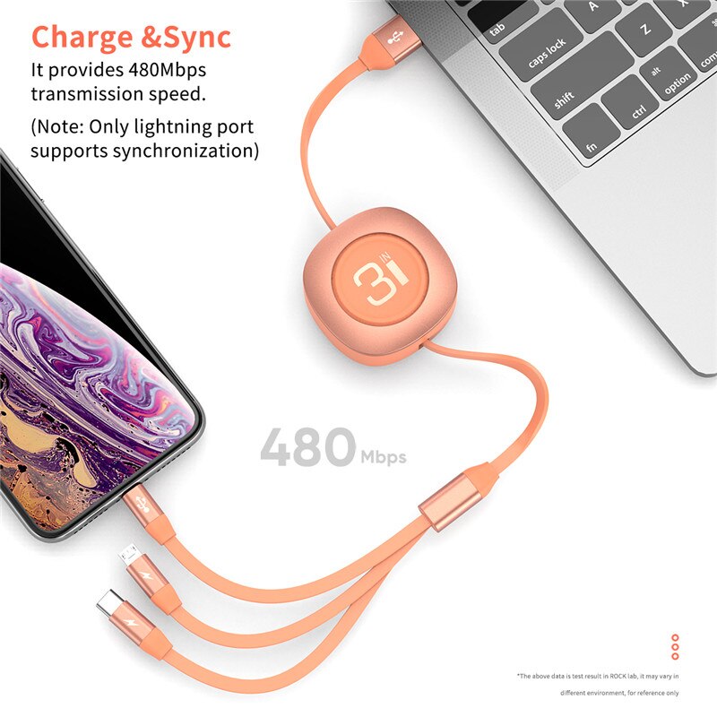ROCK G3 Retractable 3 in 1 Charge & Sync Cable สายชาร์จ 3 in 1  Micro Type-c Lightning สามารถม้วนเก็บได้อัตโนมัติ สายชาร์จ Apple iPhone สายชาร์จAndroid ชาร์จเร็ว 3.6A สี ดำ สี ดำ
