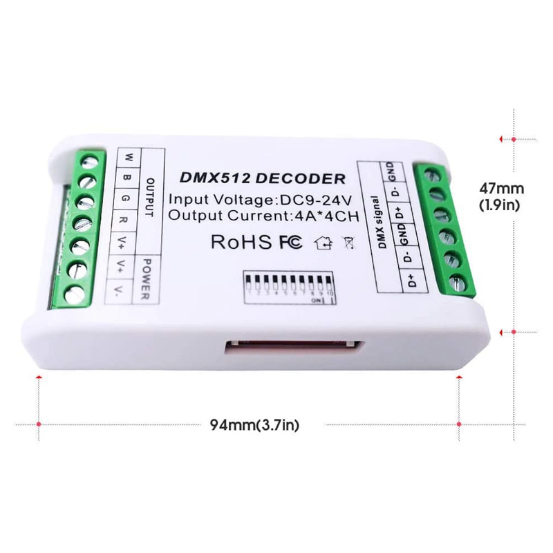 Mini 4 Channel DMX RGBW Decoder 16A RGB RGBW Strip Controller DMX 512 Dimmer Driver for LED Strip Lights DC9-24V