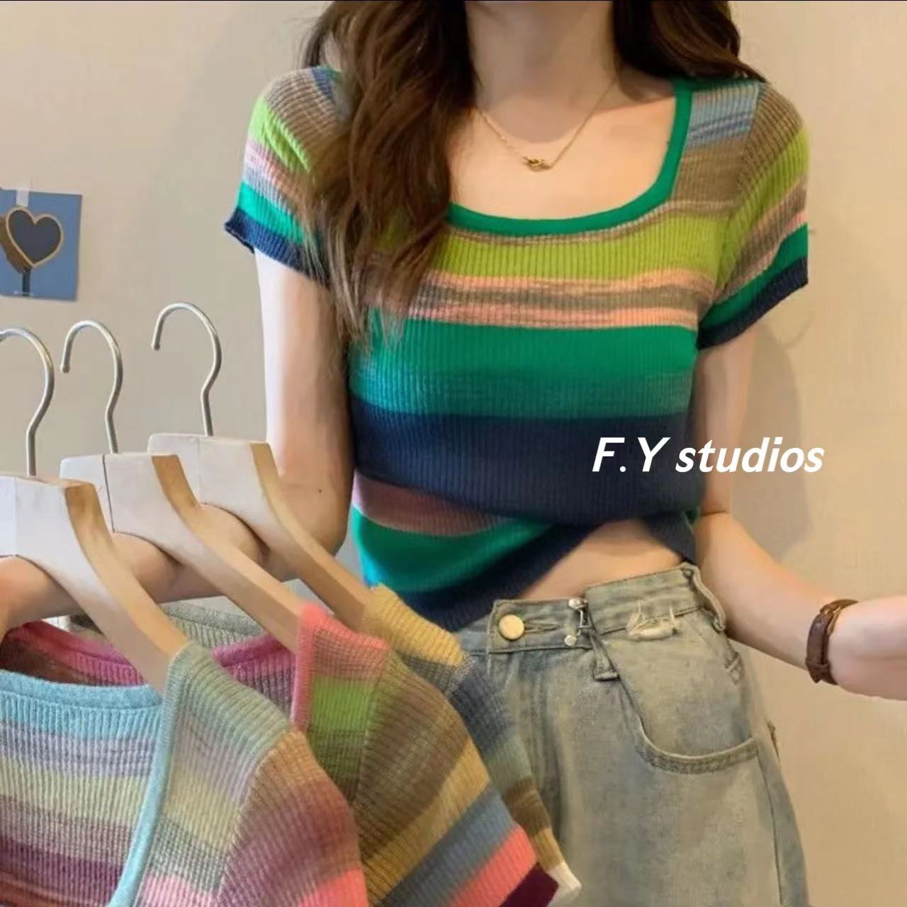 พร้อมส่ง‼️)????NO.196 เสื้อยืดแขนสั้น คอสี่เหลี่ยม