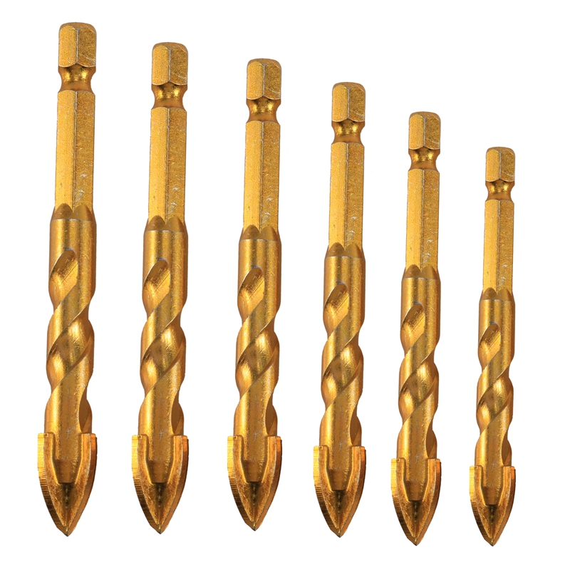 6Pcs 1/4 Inch Hex Shank Twist Glass Bits Titanium Ceramic Drilling