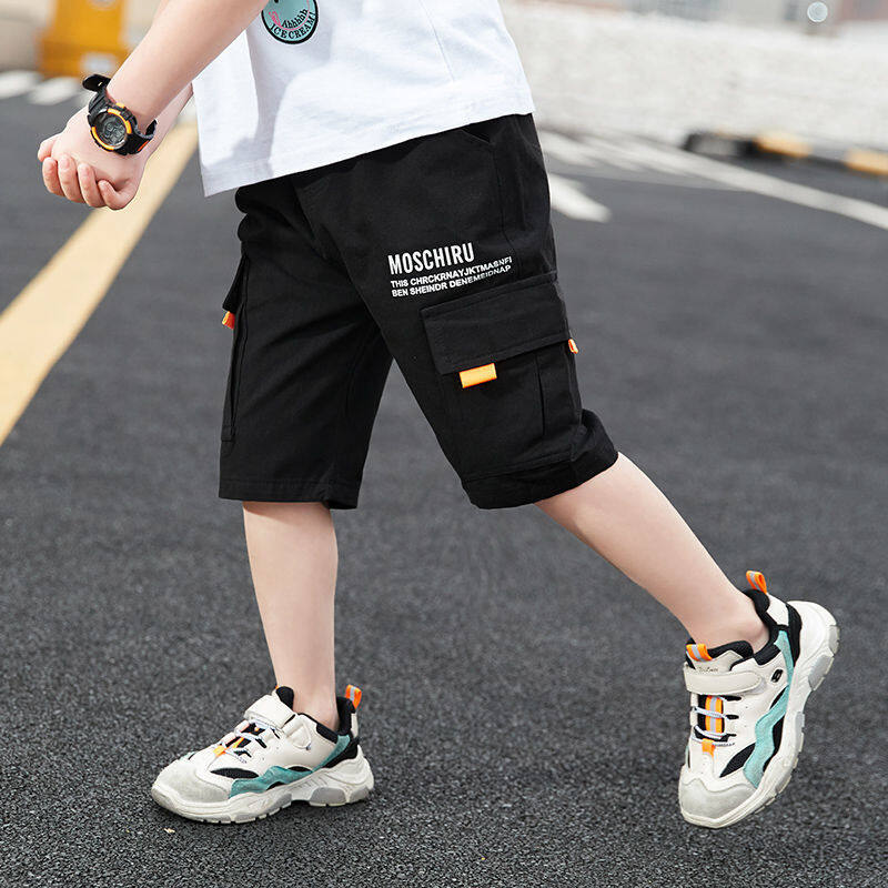 กางเกงขาสั้นเด็กผู้ชายกางเกงขาสั้นเด็กโตกางเกงขาสั้นสีดำผ้าคุณภาพสูงสำหรับกางเกงกีฬาขาสั้นเด็ก