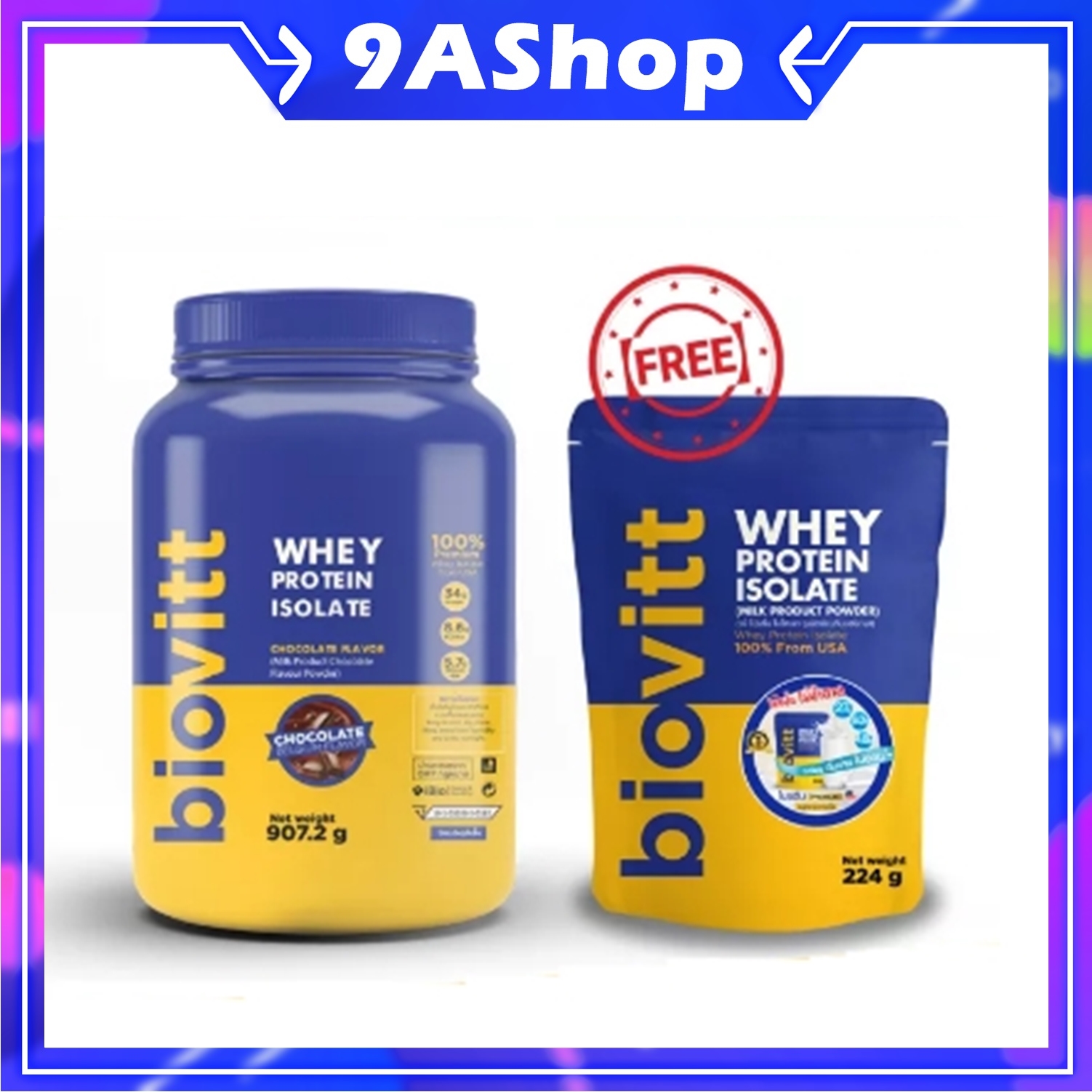 🔥1 ฟรี 1🔥👊biovitt Whey Protein Isolate เวย์โปรตีน ไอโซเลท รสช็อกโกแลต 2 ปอนด์ ฟรี เวย์รสจืด 224 กรัม เสริมกล้ามคมชัด อร่อย เข้มข้น โปรตีน 34 กรัม