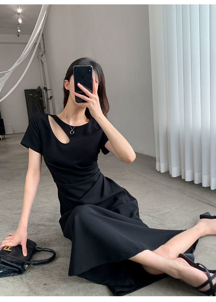 IELGY Đầm Màu Trơn Eo Cá Tính Phong Cách Pháp Cho Nữ