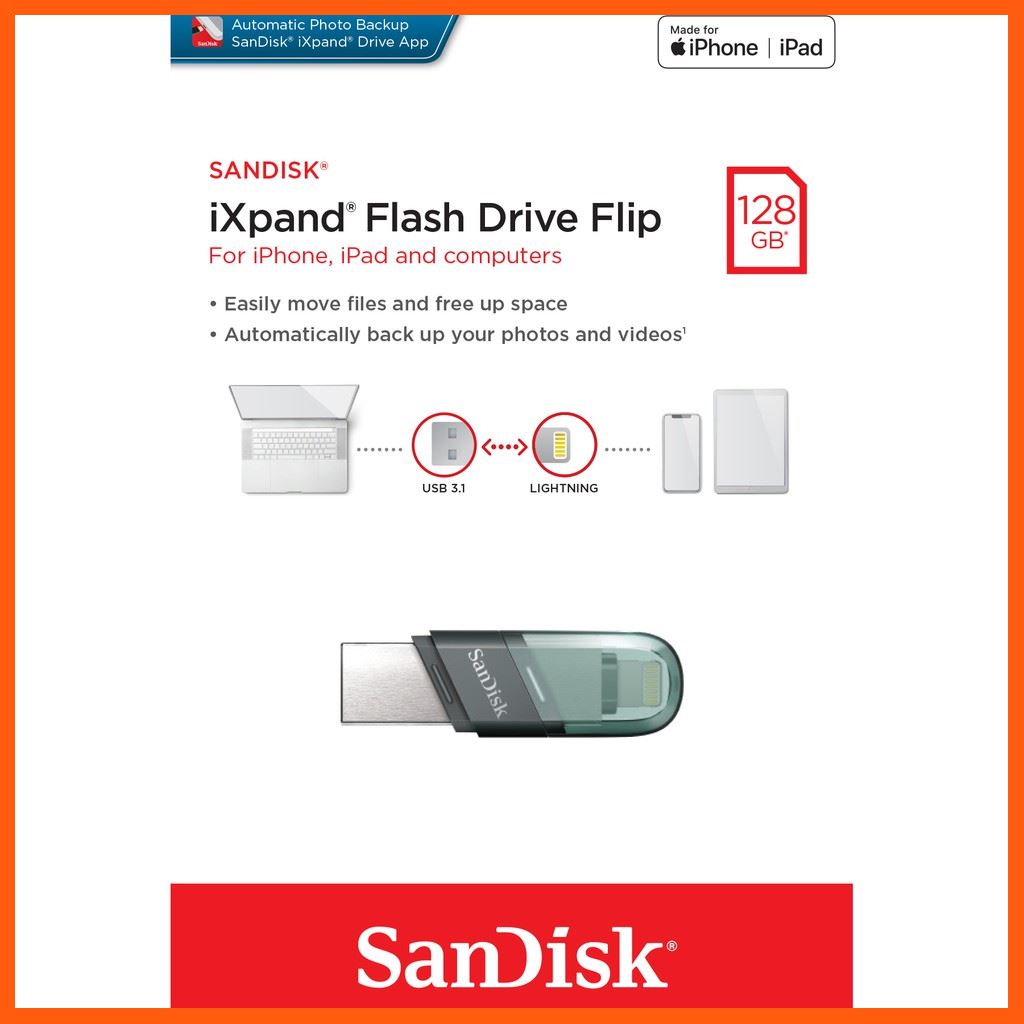 ✨✨#BEST SELLER🎉🎉 SanDisk iXpand Flash Drive Flip 128GB (SDIX90N-128G-GN6NE) แฟลชไดร์ฟสำหรับ iPhone และ iPad อุปกรณ์จัดเก็บข้อมูล (STORAGE & MEMORY CARD ) STORAGE MEMORY CARD อุปกรณ์จัดเก็บข้อมูล Memory Card เม็มโมรี่การ์ด Compact Flash