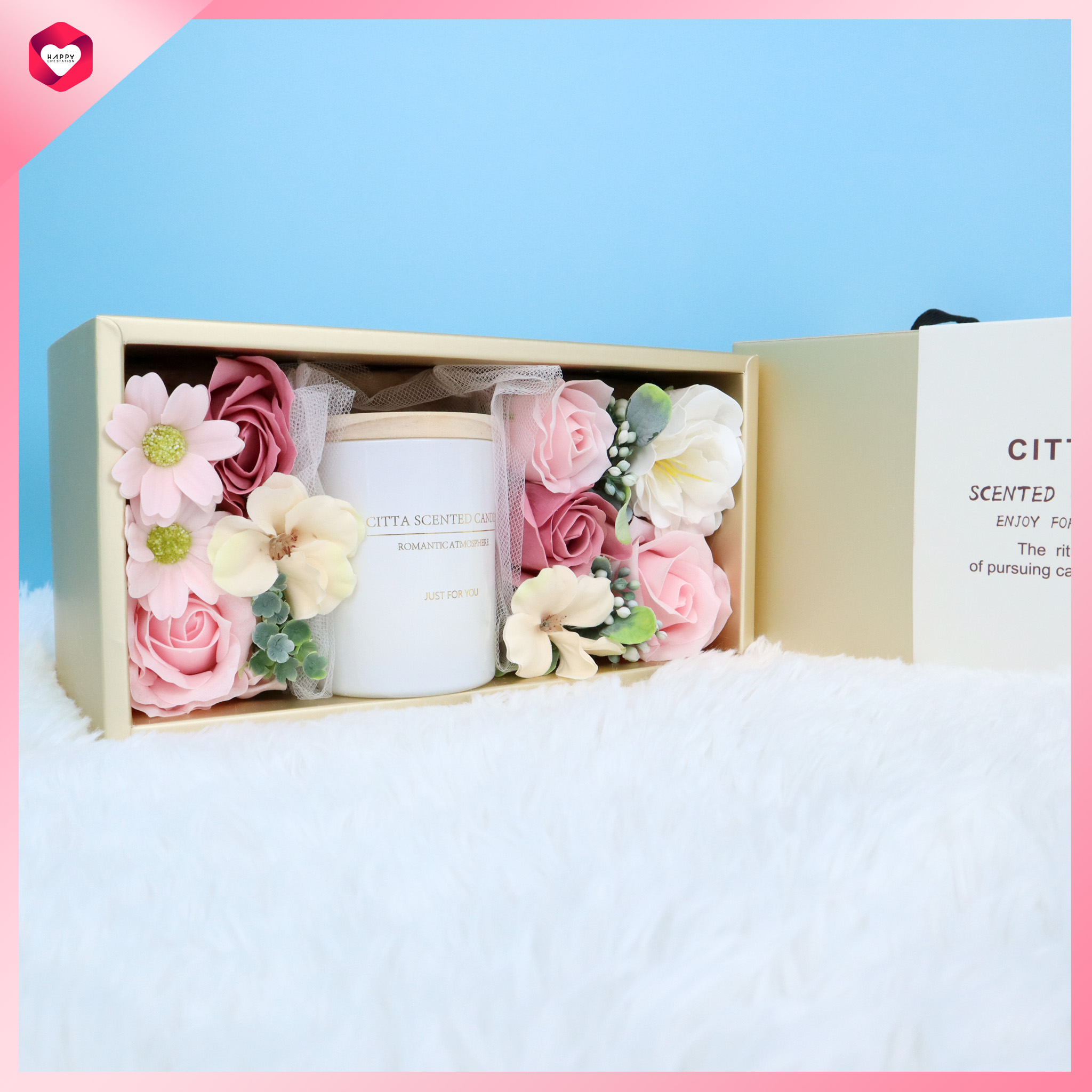 HappyLife เทียนหอมพร้อมดอกไม้ เทียนหอมอโรม่า ของขวัญวันเกิด ของขวัญงานเกษียณ ของชำร่วยงานแต่ง ของขวัญให้แฟน แถมการ์ดอวยพรเลือกแบบได้