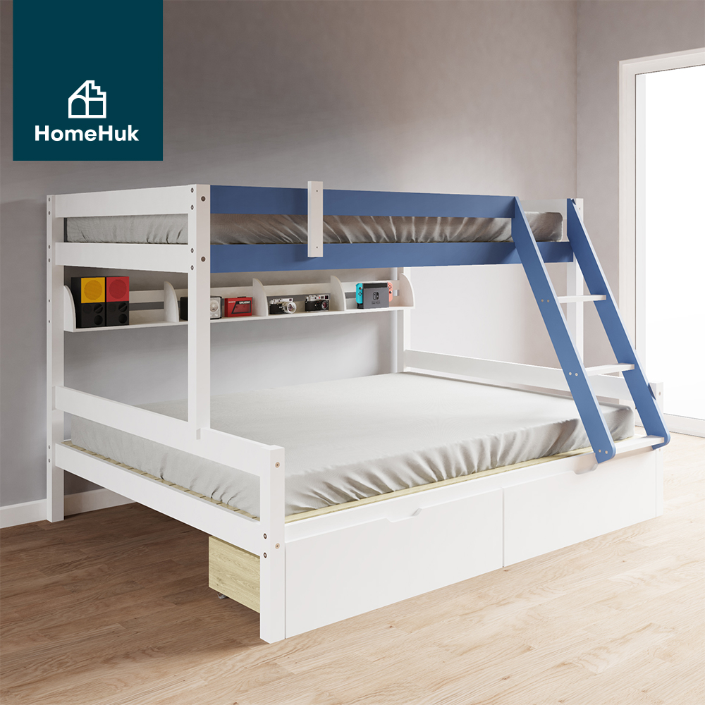 [มาใหม่ 2สี] HomeHuk เตียงสองชั้นสำหรับเด็ก มีลิ้นชัก 2 ช่อง พร้อมบันไดสลับซ้ายขวาได้ 197x156x131 cm เตียงสองชั้น เตียงนอน2ชั้น เตียง2ชั้นเด็ก เตียง2ชั้น เตียงเด็ก เตียงไม้ โครงเตียง โครงเตียงเด็ก 2 ชั้น Pine Wood Twin Bunk Bed with 2 Lower Drawers โฮมฮัก