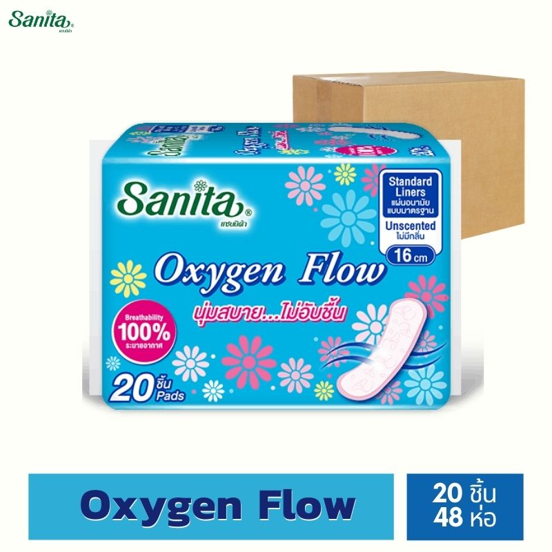 Sanita Oxygen Flow 16 cm (ขายยกลัง!! 48 ห่อ) / แซนนิต้า แผ่นอนามัย ออกซิเจน โฟลว์ ยาว16ซม. 20ชิ้น
