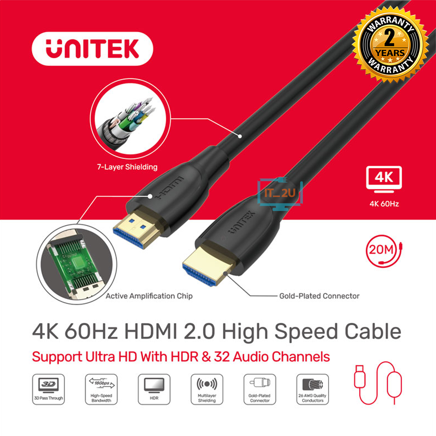 Unitek Cable HDMI 4K 60Hz Ultra HD 5M/10M/15M/20M  ความละเอียดสูงและคมชัด ประกัน2ปี/สินค้าของแท้