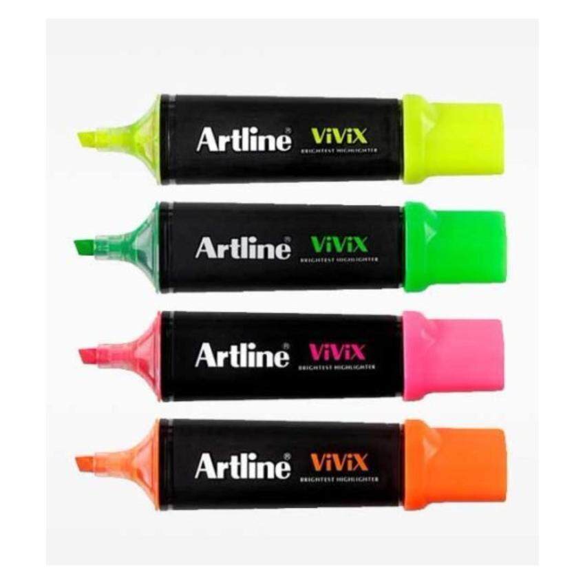 ปากกาเน้นข้อความ อาร์ทไลน์ VIVIX ชุด 4 ด้าม (สีเหลือง, ส้ม, ชมพู, เขียว) สีสดสะท้อนแสง