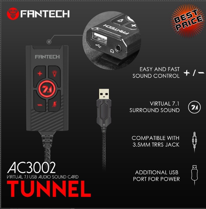 Sound Card USB FANTECH 7.1 (AC3002) เปลี่ยนหูฟังระบบ 2.0/2.1 ให้เป็น 7.1 ประกัน 2Y