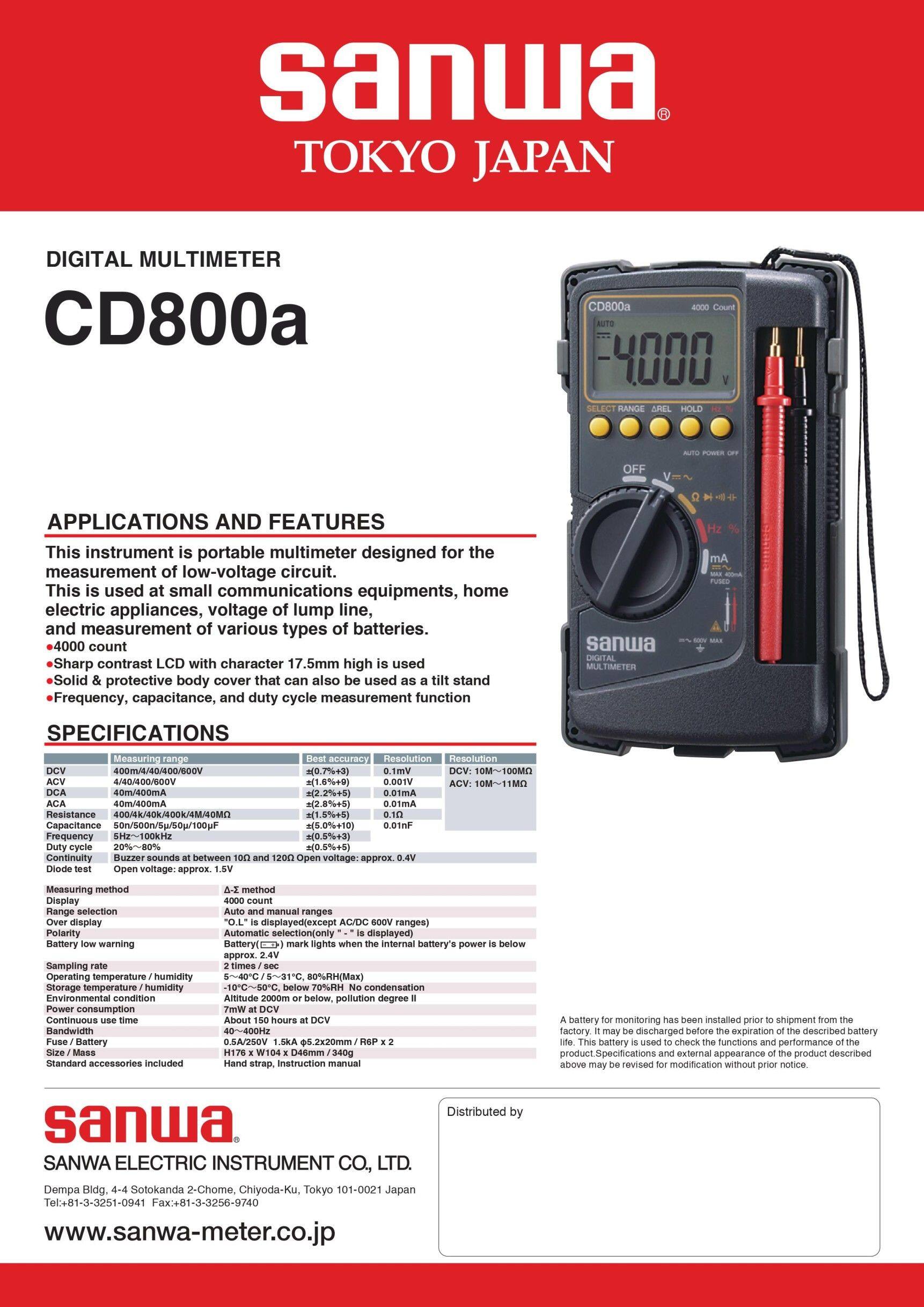 SANWA CD800a ดิจิตอลมัลติมิเตอร์ DIGITAL MULTIMETER ซันวา โอห์มดิจิตอล