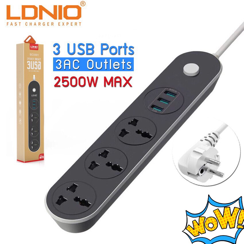 LDNIO SC3301 3 Ports 5V 3.1A Travel Charger Adapter US Plug Socket Power Extension -1.6M รับประกันของแท้