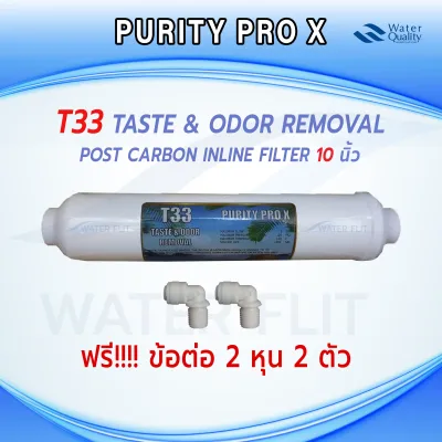 ไส้กรองน้ำ T33 PURITY PRO'X Inline Post Carbon ยาว10 นิ้ว x 2 นิ้ว เเถมข้อต่อ 2 หุน 2 ชิ้น