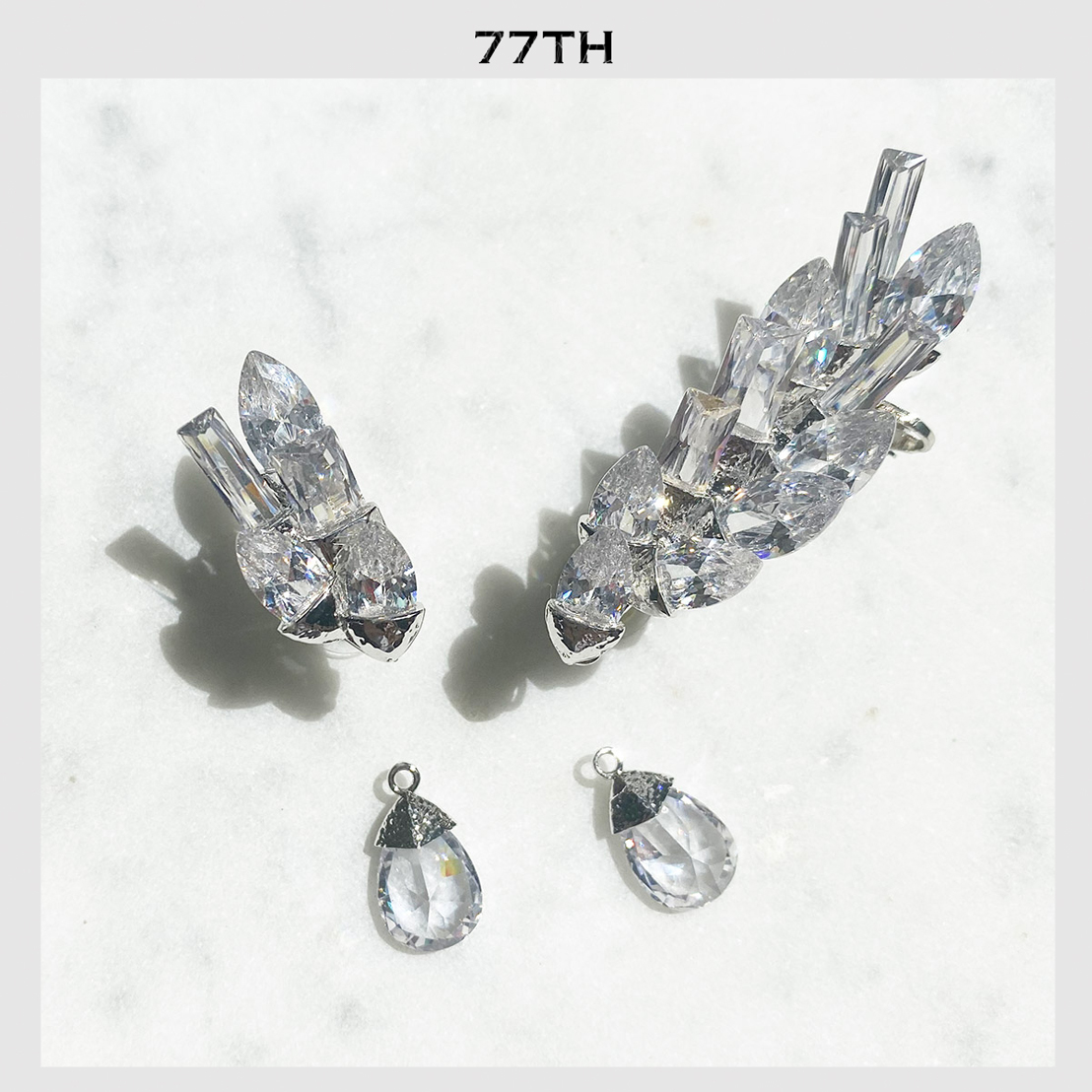 77th-clear crystals clip ear cuff detachable drop pendant silver ต่างหูคลิปเอียคัพผลึกคริสตัลใส ถอดปรับเปลี่ยน ดรอปหยดน้ำ สีเงิน