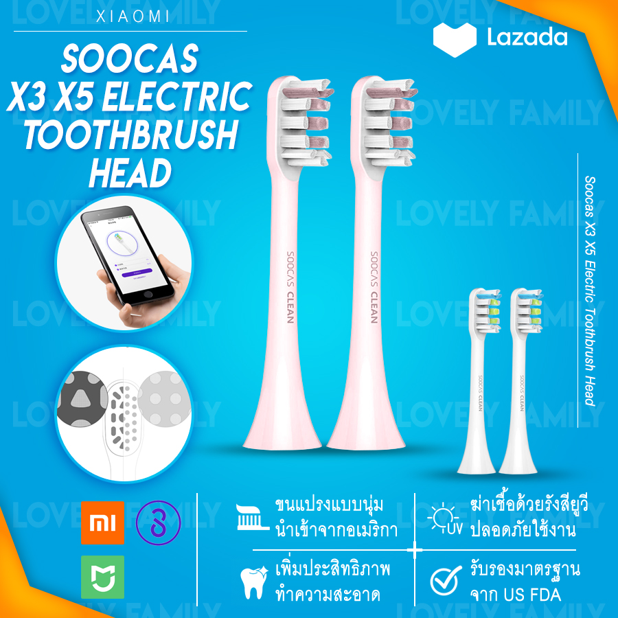 [พร้อมส่ง ในไทย] แปรงสีฟัน หัวแปรง 2ชิ้น แปรงสีฟันไฟฟ้า Soocas X3 X5 และ X3U สีชมพู