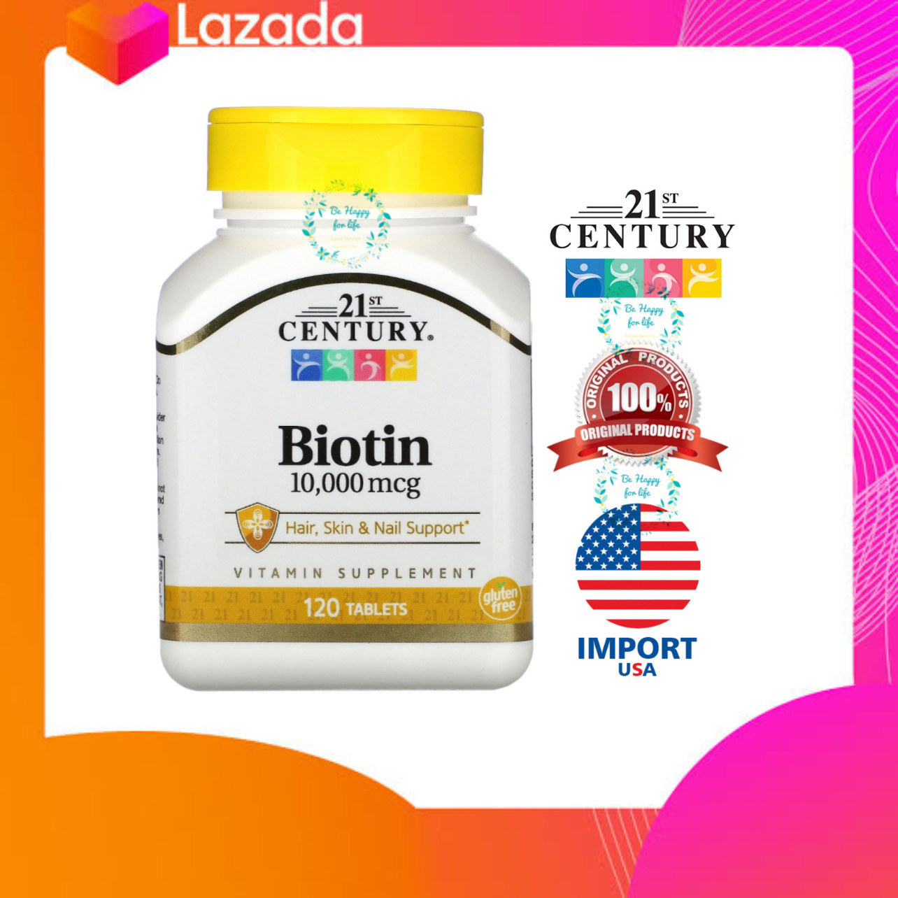 21st Century, Biotin, 10,000 mcg, 120 Tablets (สินค้านำเข้า ของแท้ 100%)