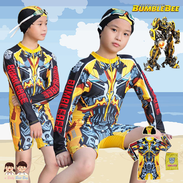Swimsuit for Boys ชุดว่ายน้ำ เด็กผู้ชาย Transformer bumblebee บอดี้สูทเสื้อแขนยาว กางเกงขาสั้น มาพร้อมหมวกว่ายน้ำและถุงผ้า สุดเท่ ใส่สบาย