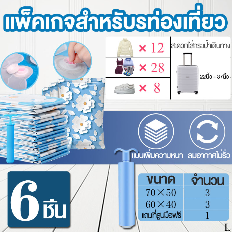 ถุงสูญญากาศ  Vacuum bag ถุงสุญญากาศ ถุงแพ็ค ถุงสูญญากาศจัดเก็บเสื้อผ้า ถุงสูญญากาศมีวาล์ว ลายดอกไม้สีฟ้า แพ็คเกจA-I มีแบ่ง 2 เซ็ต เซ็ตธรรม