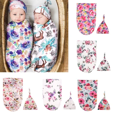2pc Baby Cotton Blanket With Hat Swaddles Wrap Outfits Fashion Infant Newborn Flower Print Sleeping Swaddles Wrap turban Hat Set