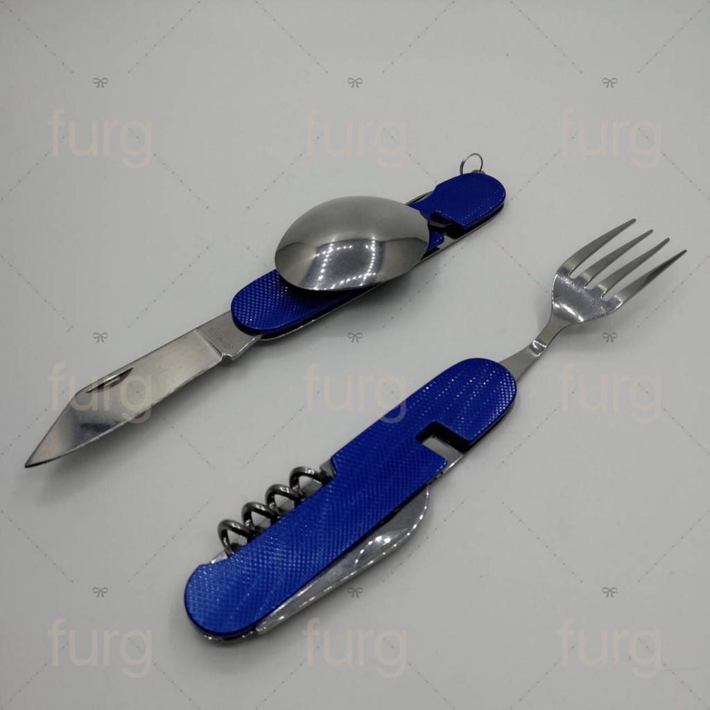 Furg 0010400099 fork and spoon ชุุดอเนกประสงค์ ช้อนส้อมพกพา มีดพับ ที่เปิดขวดเปิดไวน์ สีฟ้า