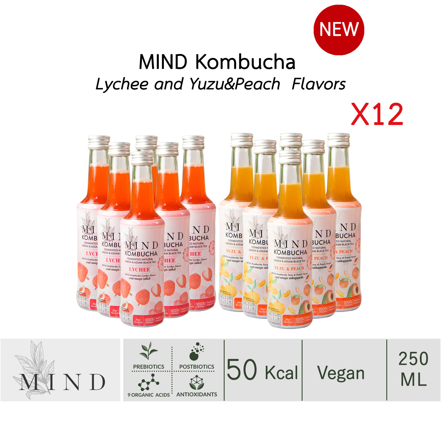 BOX 12 ขวด MIND Kombucha Lychee and Yuzu&Peach Flavors