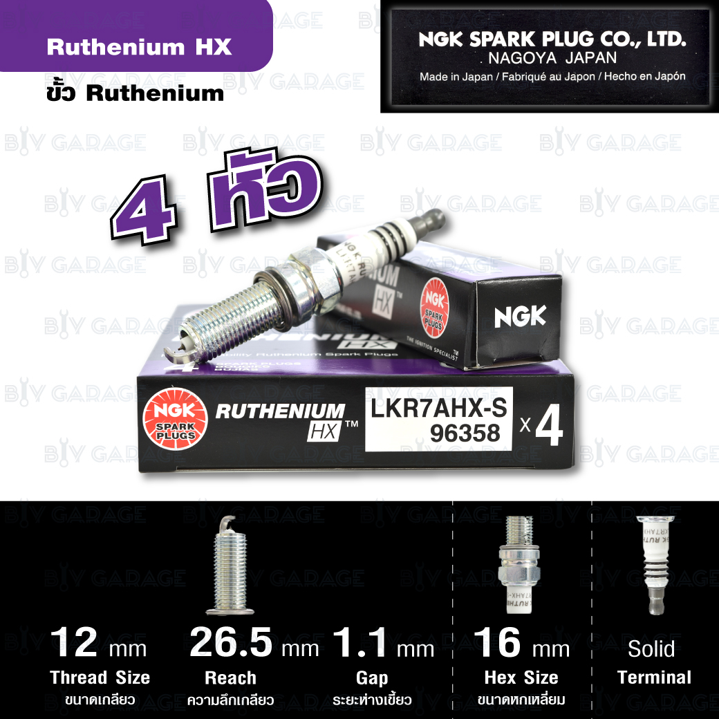 NGK หัวเทียน Ruthenium HX ขั้ว Ruthenium ติดรถ LKR7AHX-S 4 หัว ใช้สำหรับรถ Honda CivicFB, New Accord 2.4L ’08/ ODYSSEY 2.4L / HRV - Made in Japan