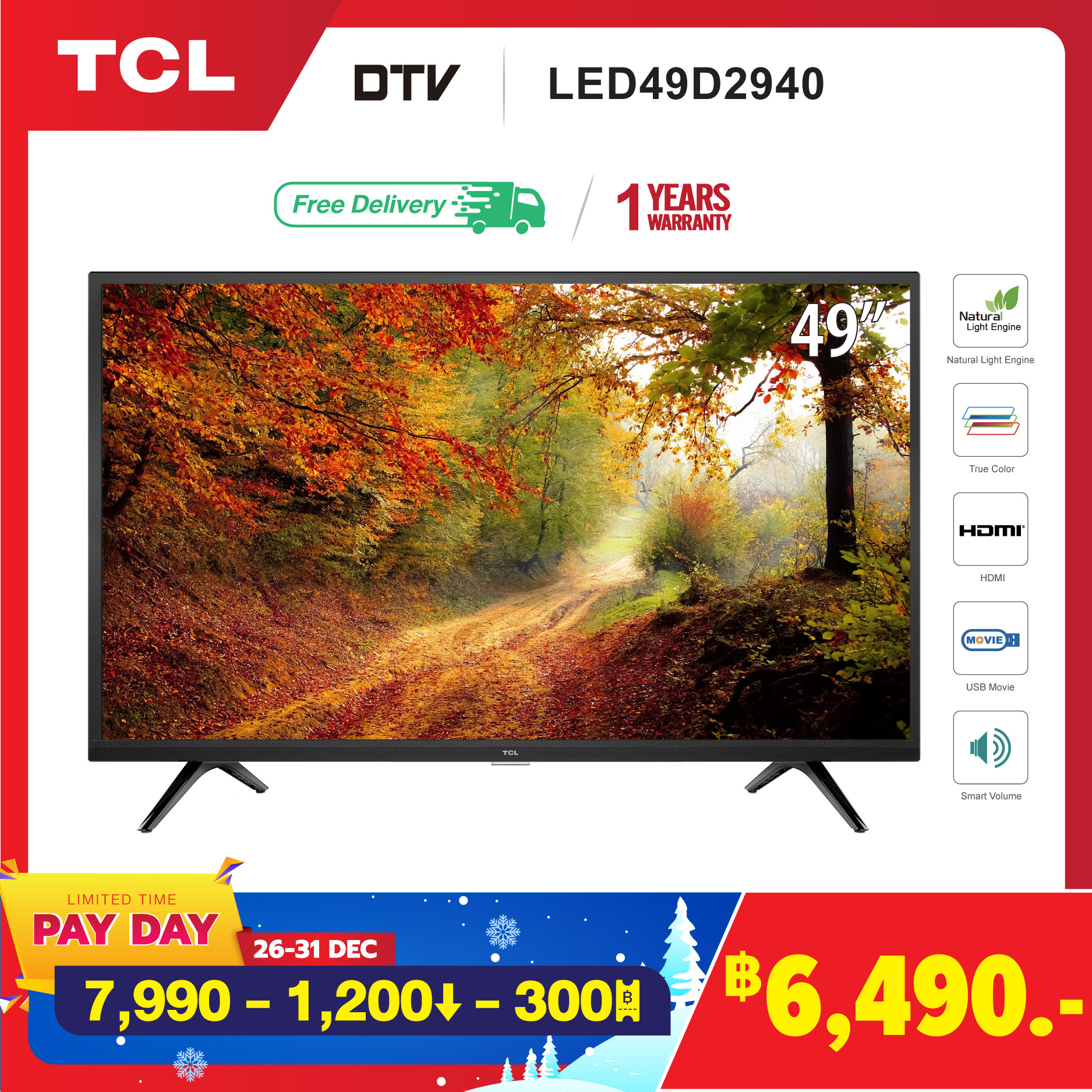 TCL ทีวี 49 นิ้ว LED FHD 1080P (รุ่น 49D2940) -DVB-T2- AV In-HDMI-USB-Slim ดิจิตอลทีวี