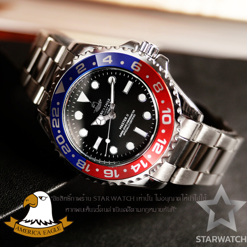 AMERICA EAGLE นาฬิกาข้อมือผู้ชาย สายสแตนเลส รุ่น AE8007G- SILVER/BLUE/RED